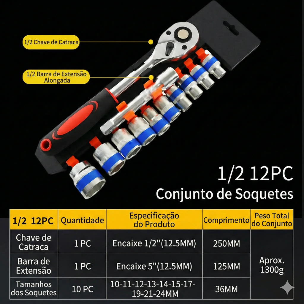 Jogo Completo Soquete Sextavado 1/2" com Catraca e Haste Extensora